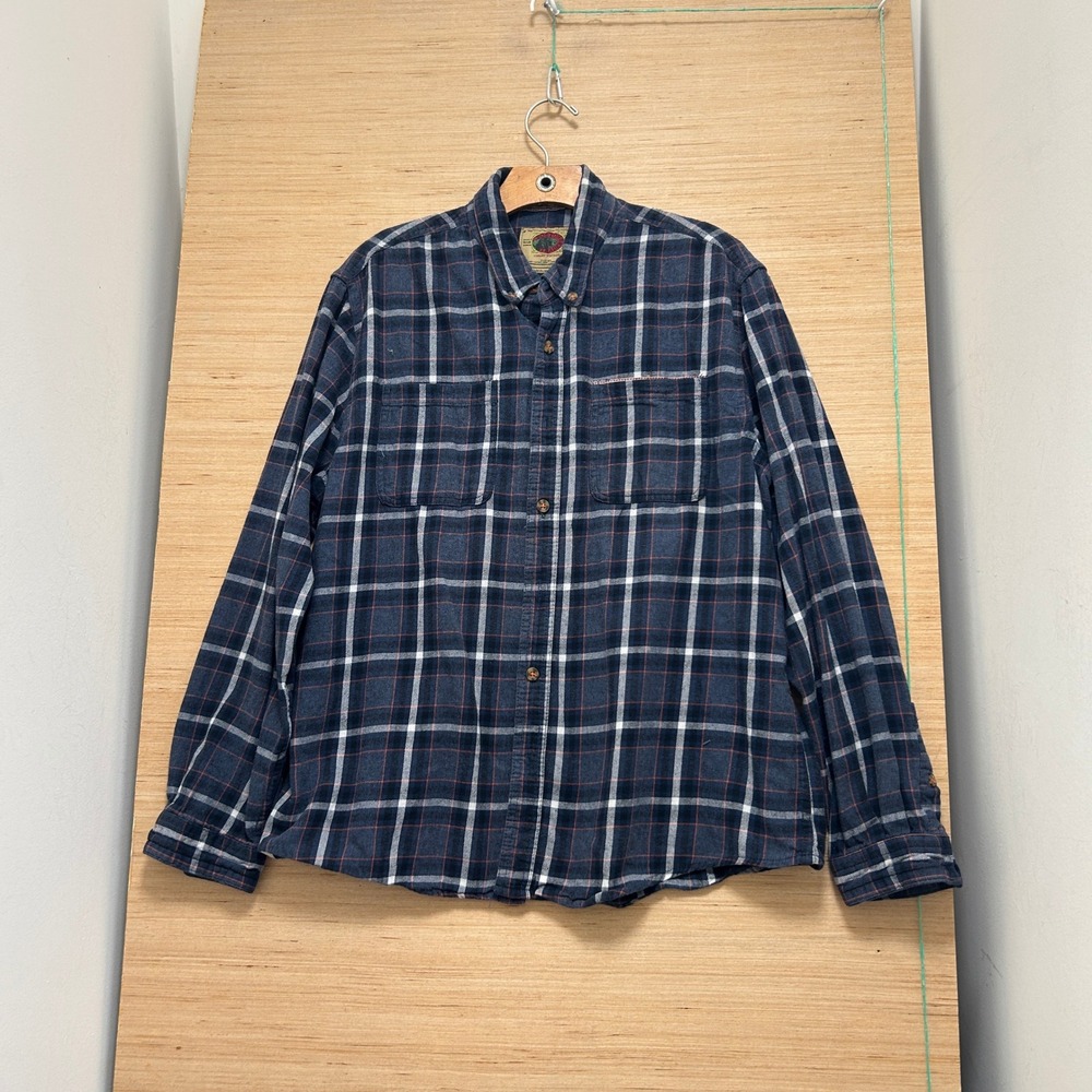 Boston Traders Mens XL Plaid Flannel Shirt Navy Blue Orange Button Down Long Slv